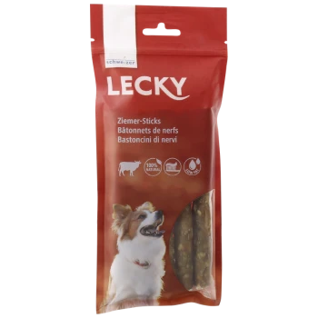 Rote Verpackung für Lecky Ziemer-Sticks Hundeleckerlis, die einen glücklichen Hund zeigt, mit Symbolen für 100% natürlich und fettarm.