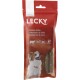 Rote Verpackung für Lecky Ziemer-Sticks Hundeleckerlis, die einen glücklichen Hund zeigt, mit Symbolen für 100% natürlich und fettarm.