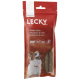 Emballage rouge pour les friandises pour chiens Lecky Ziemer-Sticks, présentant un chien heureux, avec des icônes pour 100 % naturel et faible en gras.