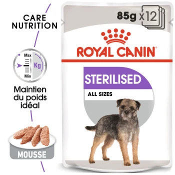 Emballage de nourriture pour chien Royal Canin Sterilised, présentant un petit chien, avec du texte indiquant '85g x 12', 'Sterilised' et 'Toutes tailles'.