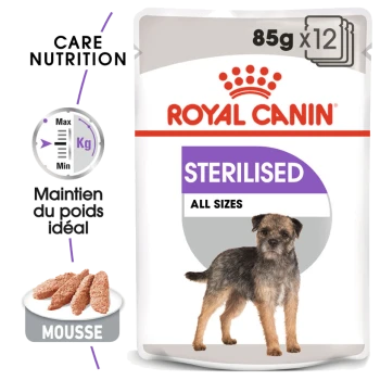 Emballage de nourriture pour chien Royal Canin Sterilised, présentant un petit chien, avec du texte indiquant '85g x 12', 'Sterilised' et 'Toutes tailles'.