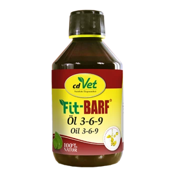 Flasche cdVet Fit-BARF Öl 3-6-9, gekennzeichnet als 100% natürlich, mit einem grünen und gelben Design.