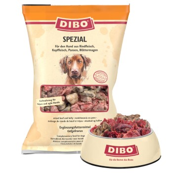DIBO Spezial Hundefutterpackung mit Rindermischung, Futterschüssel und Text: "Kraftnahrung für Welpen und agile Hunde."