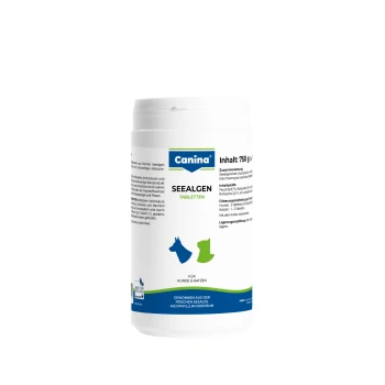 Weißer Canina-Behälter mit der Aufschrift 'SEEALGEN TABLETTEN' (Seetangtabletten) für Hunde & Katzen, Canina-Logo und 'Inhalt: 750 g'