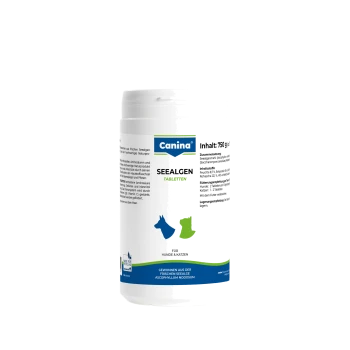 Weißer Canina-Behälter mit der Aufschrift 'SEEALGEN TABLETTEN' (Seetangtabletten) für Hunde & Katzen, Canina-Logo und 'Inhalt: 750 g'