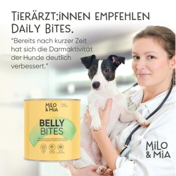 Bild von 'Milo & Mia Daily Bites Magen & Darm' Haustier-Nahrungsergänzungsmittel, das die Vorteile links und die Nachteile von Alternativen rechts zeigt.