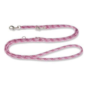 Rosa-weiße geflochtene Hundeleine mit Metallclips und verstellbaren Ringen auf weißem Hintergrund.