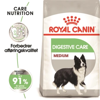 Sac de nourriture pour chiens Royal Canin Digestive Care présentant un Border Collie, avec un texte mettant en avant l'amélioration de la qualité des selles et une efficacité de 91%.