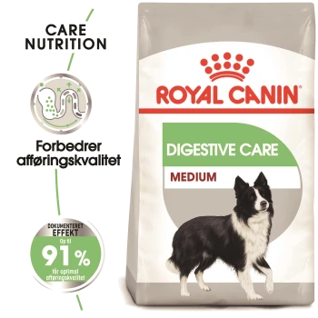 Royal Canin Digestive Care hondenvoerzak met een Border Collie, met tekst die verbeterde ontlastingkwaliteit en 91% effectiviteit benadrukt.