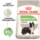 Royal Canin Digestive Care hondenvoerzak met een Border Collie, met tekst die verbeterde ontlastingkwaliteit en 91% effectiviteit benadrukt.