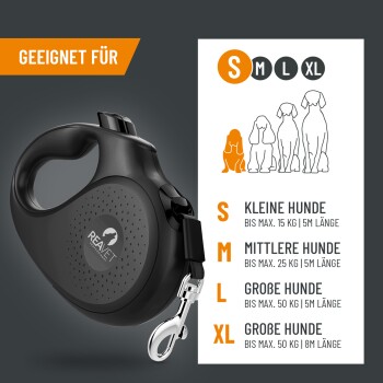 Schwarze Rollleine mit deutschem Größenfeld mit der Aufschrift GEEIGNET FÜR und Symbolen für S M L XL; Hinweise: kleine/mittlere/große Hunde