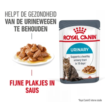 Royal Canin Urinary kattenvoer zakje met een bord natvoer, met tekst over het ondersteunen van de urinegezondheid in 10 dagen.