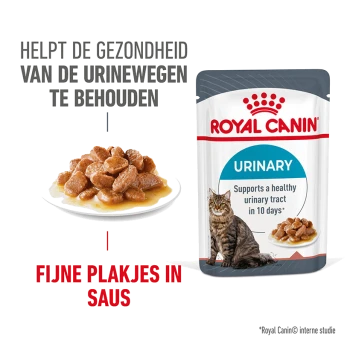 Royal Canin Urinary kattenvoer zakje met een bord natvoer, met tekst over het ondersteunen van de urinegezondheid in 10 dagen.