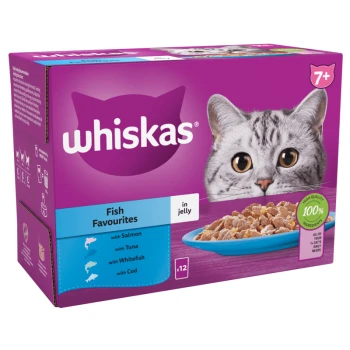 Whiskas Fish Favourites cat food box featuring a cat's face, with flavors including salmon, tuna, whitefish, and cod, in jelly.