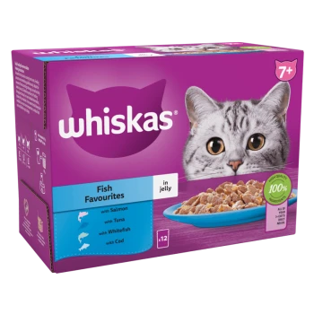 Whiskas Fish Favourites cat food box featuring a cat's face, with flavors including salmon, tuna, whitefish, and cod, in jelly.
