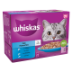 Whiskas Fish Favourites cat food box featuring a cat's face, with flavors including salmon, tuna, whitefish, and cod, in jelly.