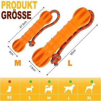 Zwei orange Gummi-Hundekauspielzeuge mit Seil, beschriftet M (47,5 cm) und L (65 cm); 'PRODUKT GRÖSSE' und Größentabelle XS–XL sichtbar