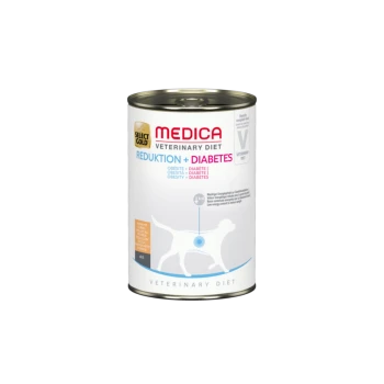 Canned dog food labeled "Select Gold Medica Veterinary Diet" with a dog silhouette and claims for obesity and diabetes management.