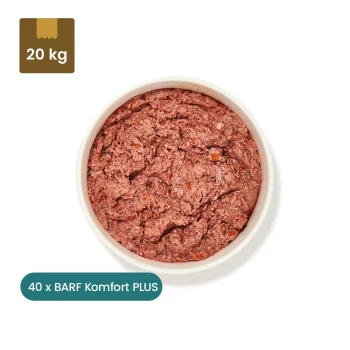 Verpackung für gefrorenes Hundefutter mit der Aufschrift 'Barf Komfort PLUS Rind' mit einer Schüssel rohem Fleischgemisch, mit Nährwertangaben und Zutaten.