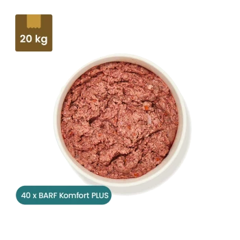 Verpackung für gefrorenes Hundefutter mit der Aufschrift 'Barf Komfort PLUS Rind' mit einer Schüssel rohem Fleischgemisch, mit Nährwertangaben und Zutaten.