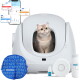 Weiße automatische Katzentoilette mit einer cremefarbenen Katze darin, App zeigt 'Attention Needed', blaue Tasche mit der Aufschrift 'CAT-LINK'.