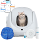 Weiße automatische Katzentoilette mit einer cremefarbenen Katze darin, App zeigt 'Attention Needed', blaue Tasche mit der Aufschrift 'CAT-LINK'.