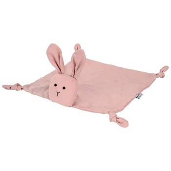 Weiches, pinkes Plüschspielzeug in Form eines Hasen mit langen Ohren und einem geknoteten Deckenkörper, entworfen für Haustiere.