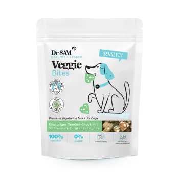 Premium Veggie Bites - vegetarischer Gemüsesnack für Hunde mit Spirulina und Buchweizen Dr. SAM Veggie Bites Verpackung für Hunde, die einen cartoonhaften Hund zeigt und 100% natürliche, glutenfreie, hypoallergene Zutaten hervorhebt.