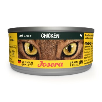 Eine Anzeige von acht Dosen Josera Katzenfutter, beschriftet mit "Huhn", in einer gelben Box mit den Aufschriften "Getreidefrei" und "Deutsche Qualität".