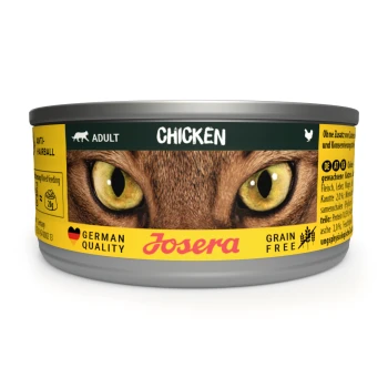 Eine Anzeige von acht Dosen Josera Katzenfutter, beschriftet mit "Huhn", in einer gelben Box mit den Aufschriften "Getreidefrei" und "Deutsche Qualität".