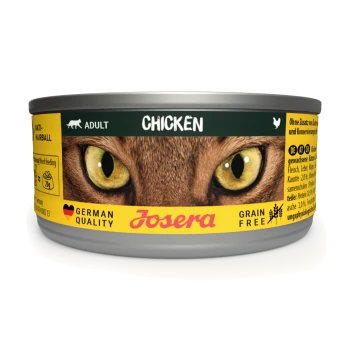 Eine Anzeige von acht Dosen Josera Katzenfutter, beschriftet mit "Huhn", in einer gelben Box mit den Aufschriften "Getreidefrei" und "Deutsche Qualität".
