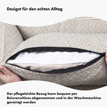 Hundebett mit abnehmbarem, maschinenwaschbarem Bezug, mit einem strukturierten beigen Design. Text auf Deutsch hebt die einfache Pflege hervor.
