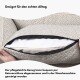 Hundebett mit abnehmbarem, maschinenwaschbarem Bezug, mit einem strukturierten beigen Design. Text auf Deutsch hebt die einfache Pflege hervor.