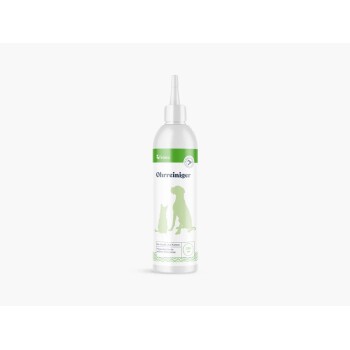 Weiße Flasche Ohrenreiniger mit grünen Hund- und Katzensilhouetten und der Angabe '250 ml' auf dem Etikett.