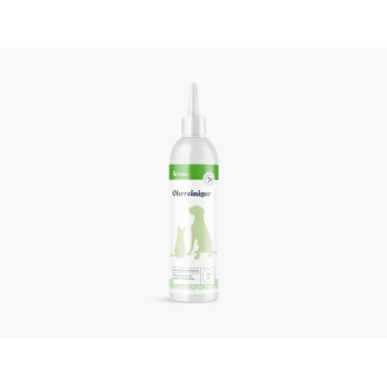 Weiße Flasche Ohrenreiniger mit grünen Hund- und Katzensilhouetten und der Angabe '250 ml' auf dem Etikett.