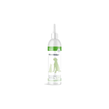 Weiße Flasche Ohrenreiniger mit grünen Hund- und Katzensilhouetten und der Angabe '250 ml' auf dem Etikett.