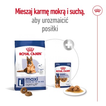 Opakowanie karmy dla psów Royal Canin pokazuje dużą torbę suchej karmy "L maxi age 8+" i małą puszkę mokrej karmy, promując zdrowie układu pokarmowego.