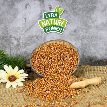 Eine Holzschüssel, die mit braunen Samen auf Jute überquillt, mit einer Schaufel und einer weißen Blume in der Nähe. Text lautet "LYRA NATURE POWER."