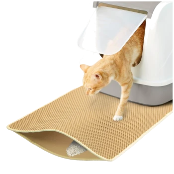 Eine hellorange Katze tritt aus einer weißen und grauen Katzentoilette auf eine beige, strukturierte Streuunterlage, die dazu dient, Streu aufzufangen.