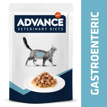 Emballage de nourriture pour chats Advance Veterinary Diets Gastroenteric avec une silhouette de chat gris et une assiette de nourriture humide.