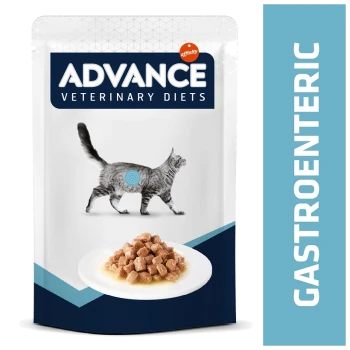 Emballage de nourriture pour chats Advance Veterinary Diets Gastroenteric avec une silhouette de chat gris et une assiette de nourriture humide.