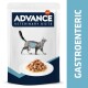 Emballage de nourriture pour chats Advance Veterinary Diets Gastroenteric avec une silhouette de chat gris et une assiette de nourriture humide.