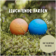 Zwei bunt gefärbte Hundebälle, einer orange und einer blau, die auf grünem Moos liegen, mit dem Text 'Leuchtende Farben' und 'Gut sichtbar im Gras.'