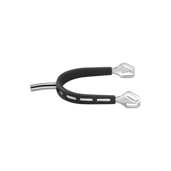 Schwarzer Gummipferdesporn mit einer glänzenden Metallspitze, entworfen für den Reitsport.