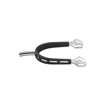 Schwarzer Gummipferdesporn mit einer glänzenden Metallspitze, entworfen für den Reitsport.