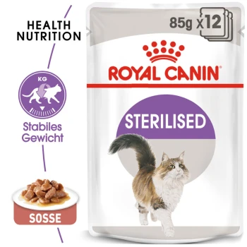 Sterilised Adult in Soße 12x85 g Verpackung von Royal Canin Sterilised Katzenfutter, mit einer Illustration einer rennenden Katze, mit dem Text '85g x 12' und 'Health Nutrition'.
