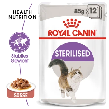 Verpackung von Royal Canin Sterilised Katzenfutter, mit einer Illustration einer rennenden Katze, mit dem Text '85g x 12' und 'Health Nutrition'.