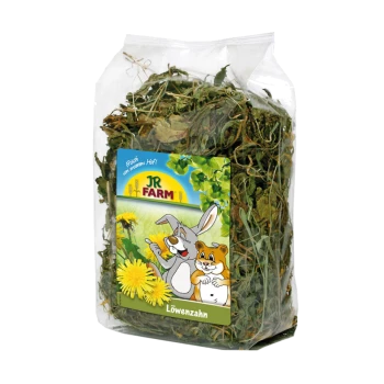 Eine klare Tüte mit getrockneten Löwenzahnblättern mit einem bunten "JR FARM"-Etikett, das einen glücklichen Hasen, Hamster und "Löwenzahn" zeigt.