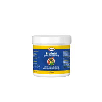 Behälter mit Quiko Biotin M, einem Nahrungsergänzungsmittel für eine optimale Federentwicklung bei Vögeln, mit bunten Grafiken und mehrsprachigem Text.