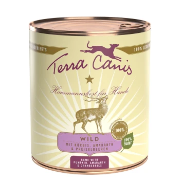 Eine Dose Terra Canis Hundefutter mit der Aufschrift "Wild", die Wildfleisch mit Kürbis, Amaranth und Cranberries enthält und 100% natürliche Zutaten betont.